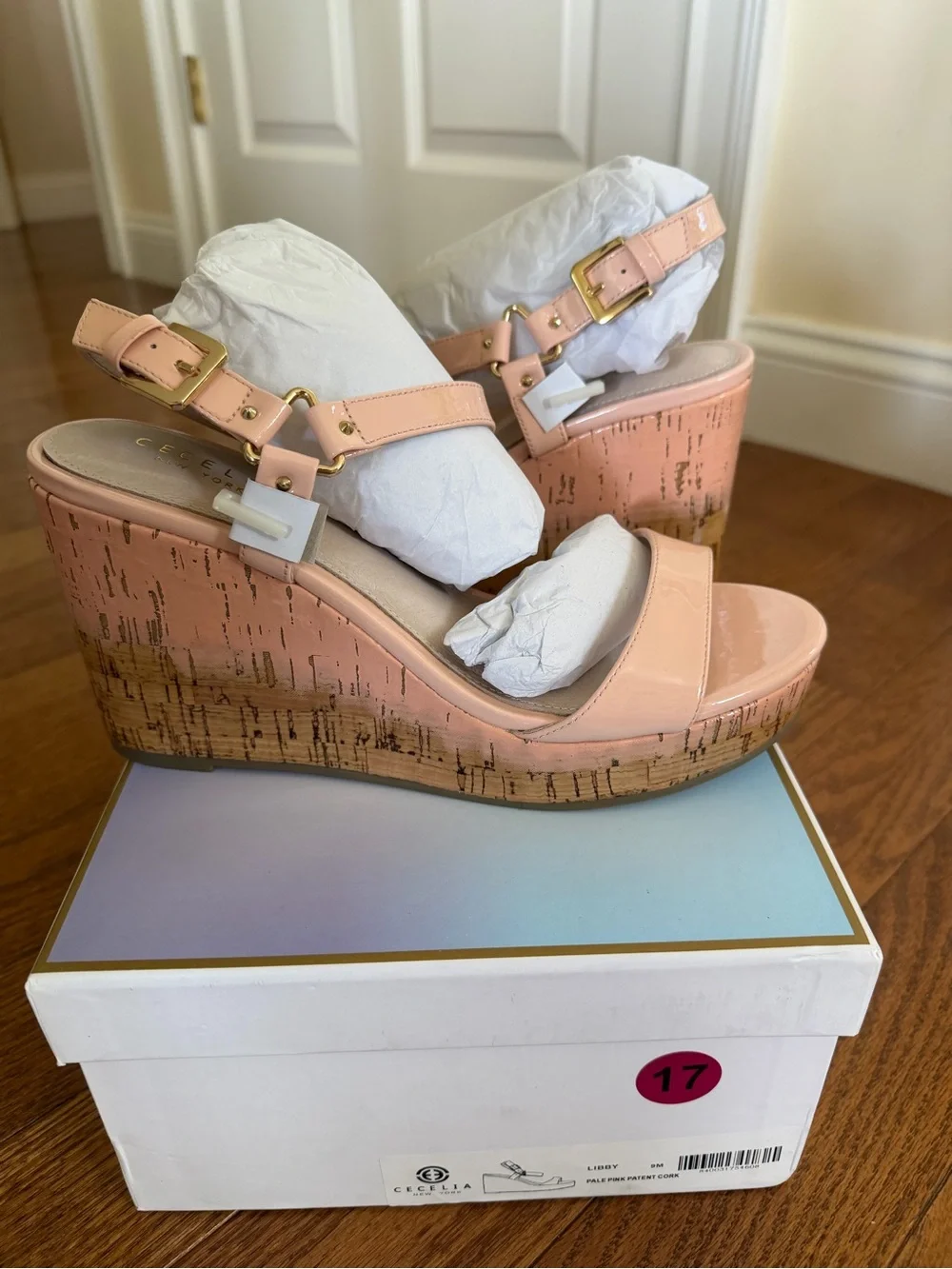 CECELIA NEW YORK Blush Libby Patent Cork Wedge Sandals with Ankle Buckle